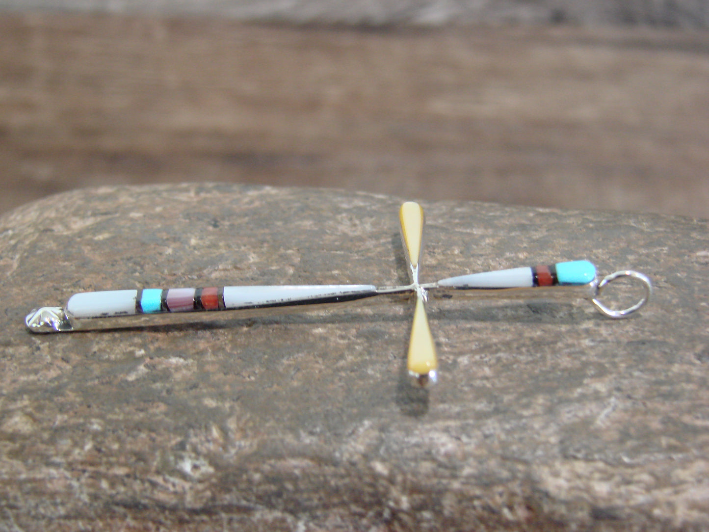 Native American Sterling Silver Multi Stone Inlay Cross Pendant by Noche