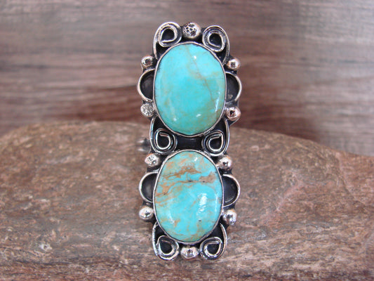 Native American Nickel Silver & Turquoise Adjustable Ring by Cleveland - Size 8 - 10