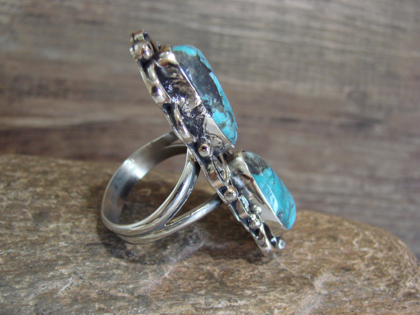 Native American Nickel Silver & Turquoise Ring by Cleveland - Size 11