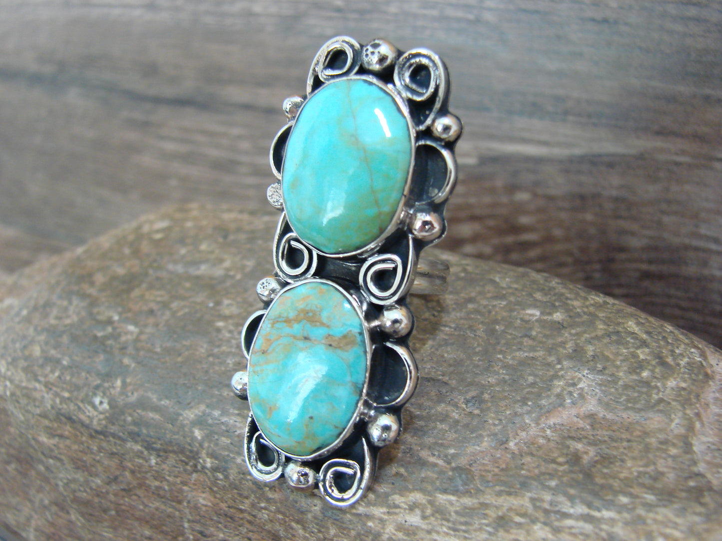 Native American Nickel Silver & Turquoise Adjustable Ring by Cleveland - Size 8 - 10