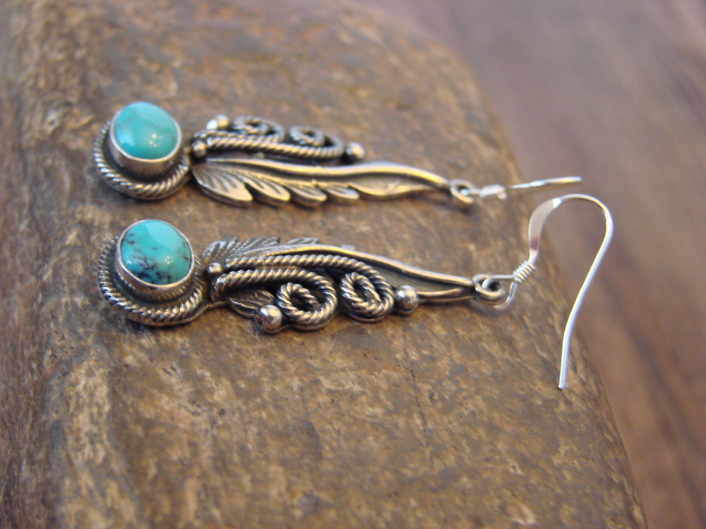 Native American Sterling Silver & Turquoise Feather Dangle Earrings by Francisco