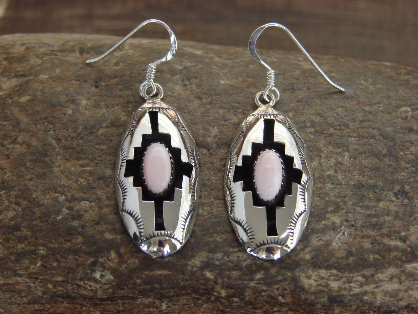Native American Sterling Silver Shadowbox Pink Conch Dangle Earrings - Perry