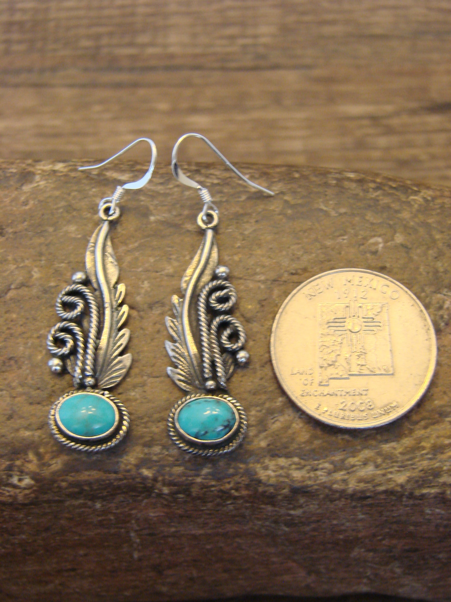 Native American Sterling Silver & Turquoise Feather Dangle Earrings by Francisco