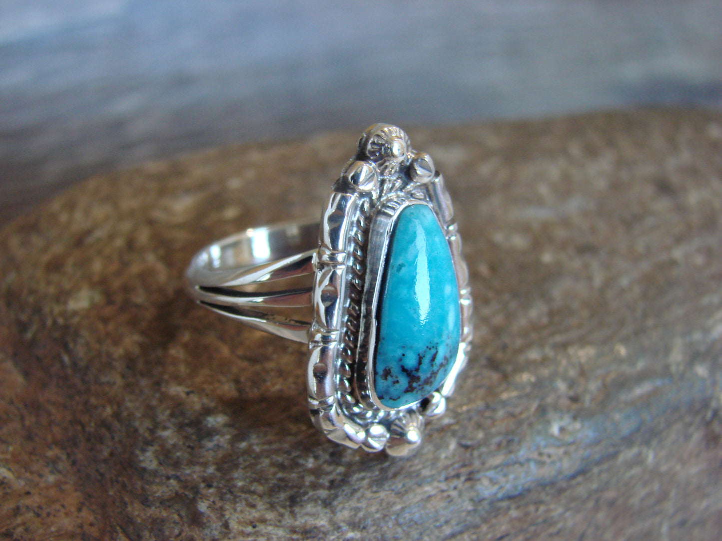 Native American Sterling Silver & Turquoise Ring - Size 9 - Saunders