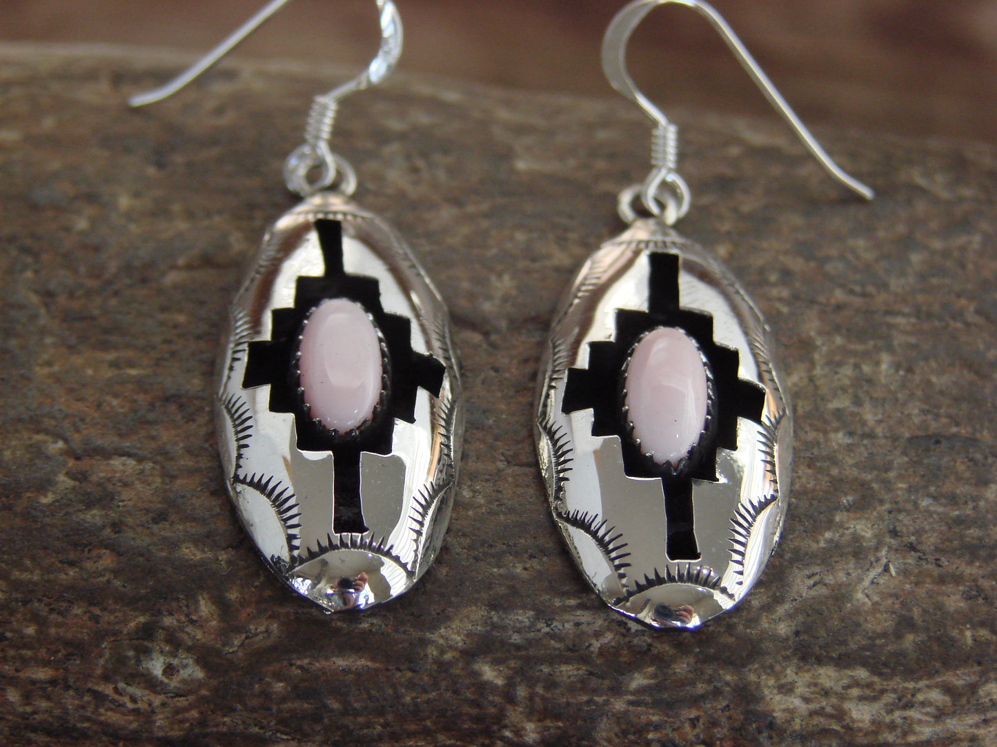 Native American Sterling Silver Shadowbox Pink Conch Dangle Earrings - Perry