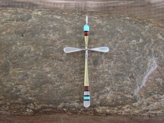 Native American Sterling Silver Multi Stone Inlay Cross Pendant by Noche