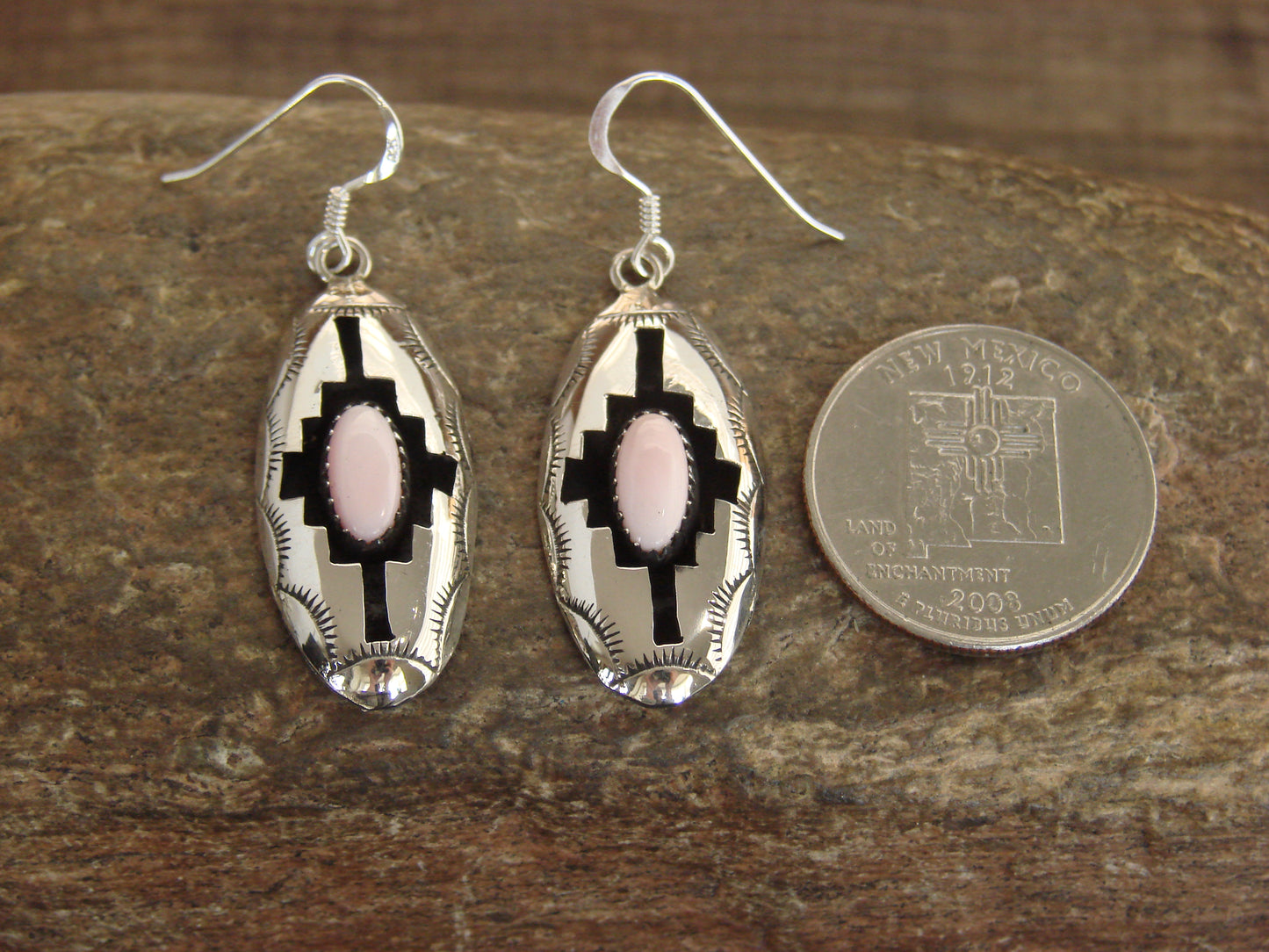 Native American Sterling Silver Shadowbox Pink Conch Dangle Earrings - Perry