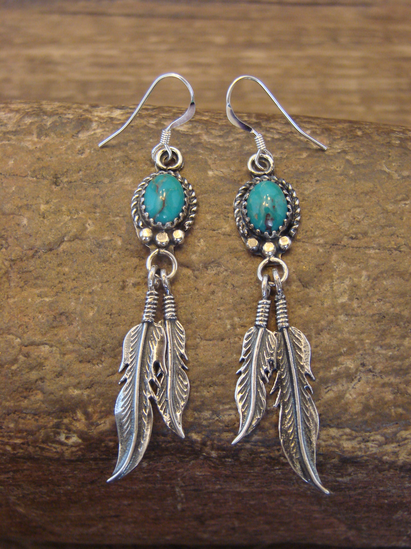 Native American Sterling Silver & Turquoise Feather Dangle Earrings by Largo