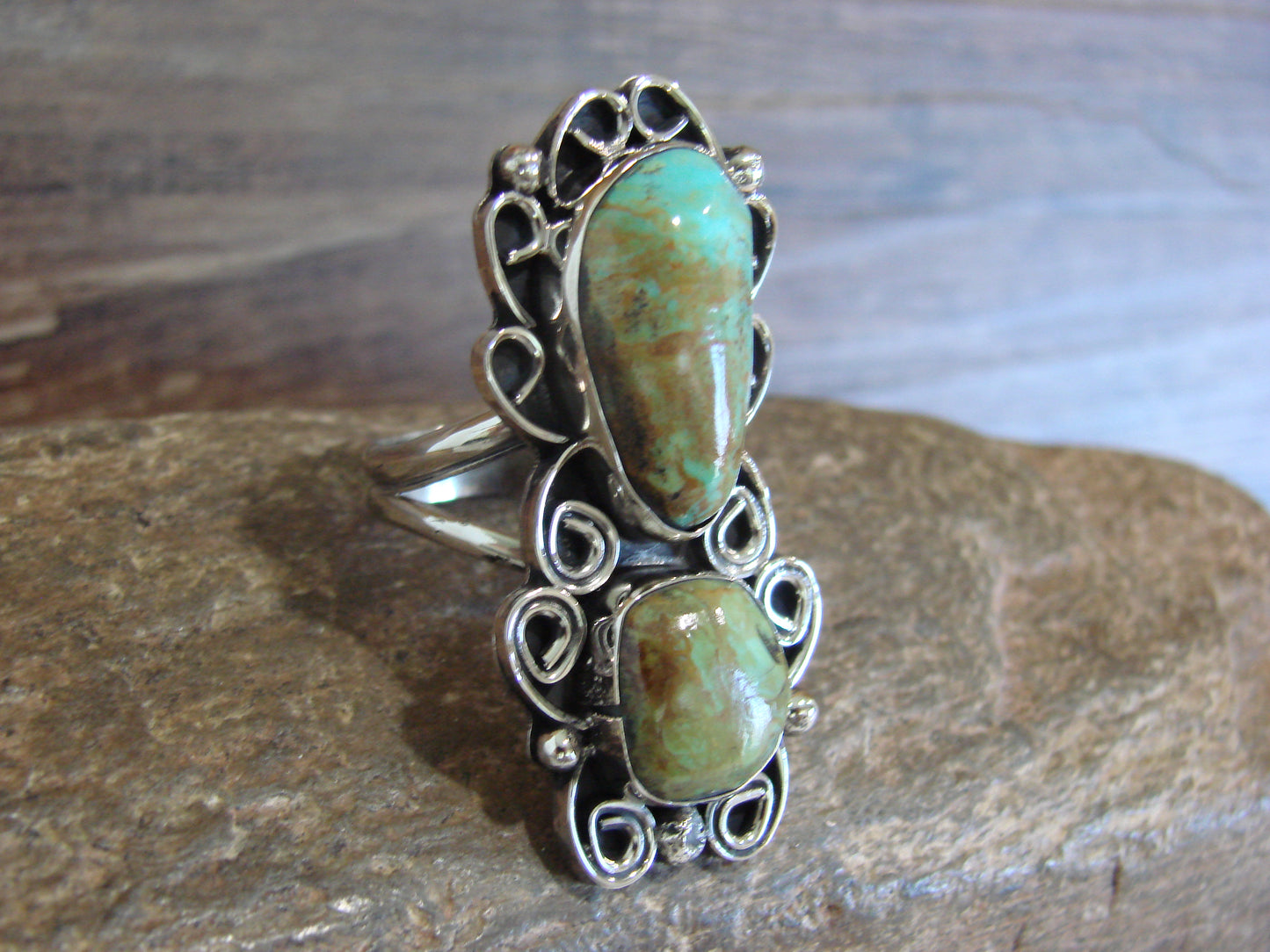 Native American Nickel Silver & Turquoise Ring by Cleveland - Size 12