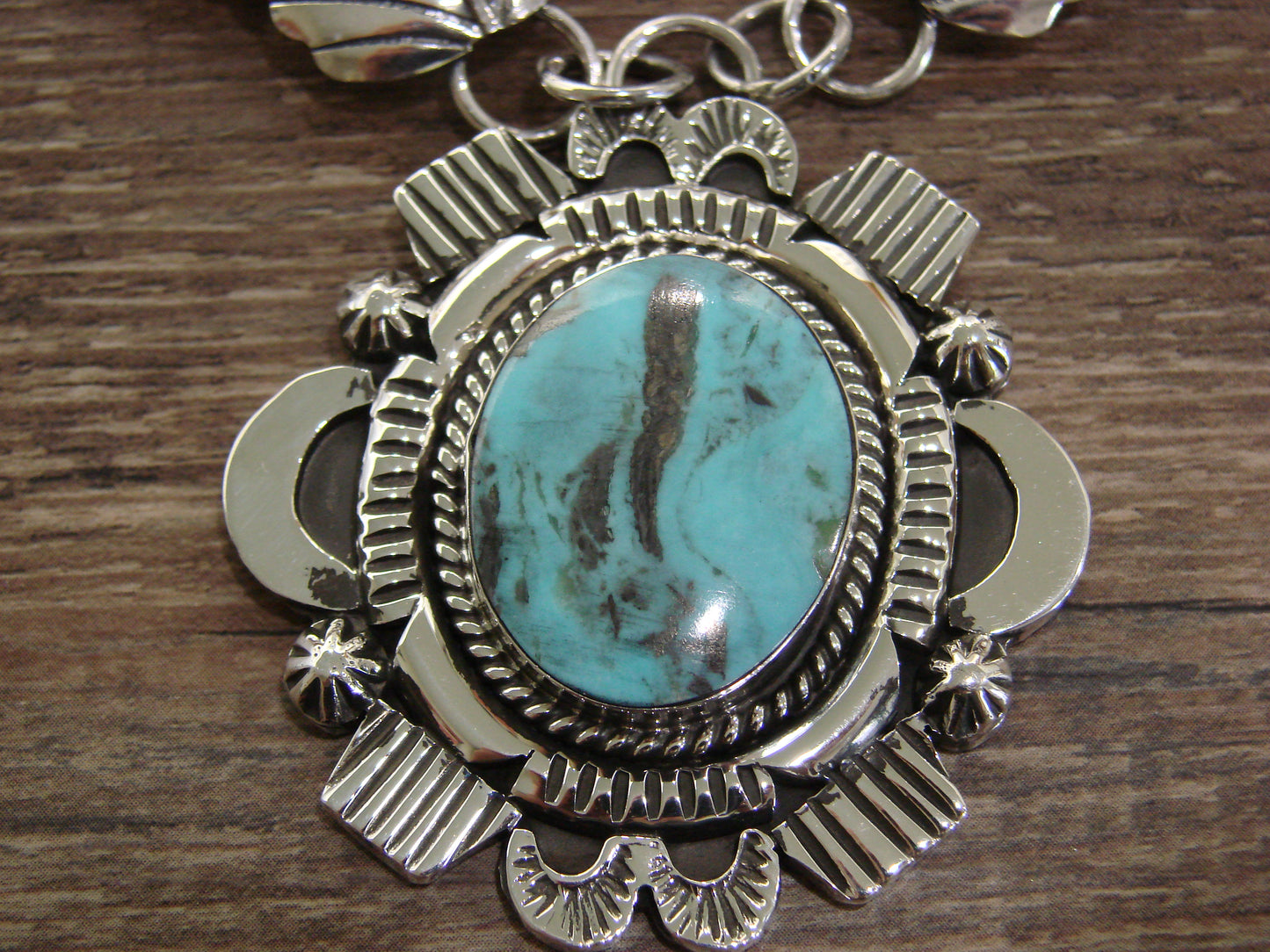 Native American 25" Sterling Silver & Turquoise Link Necklace by Belin