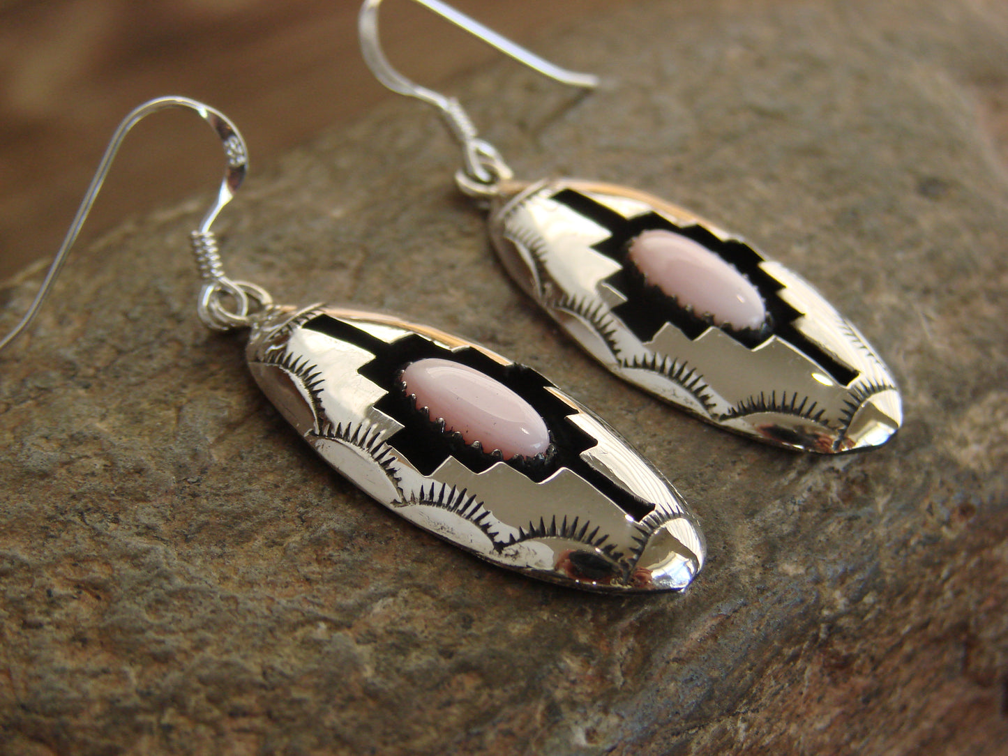 Native American Sterling Silver Shadowbox Pink Conch Dangle Earrings - Perry