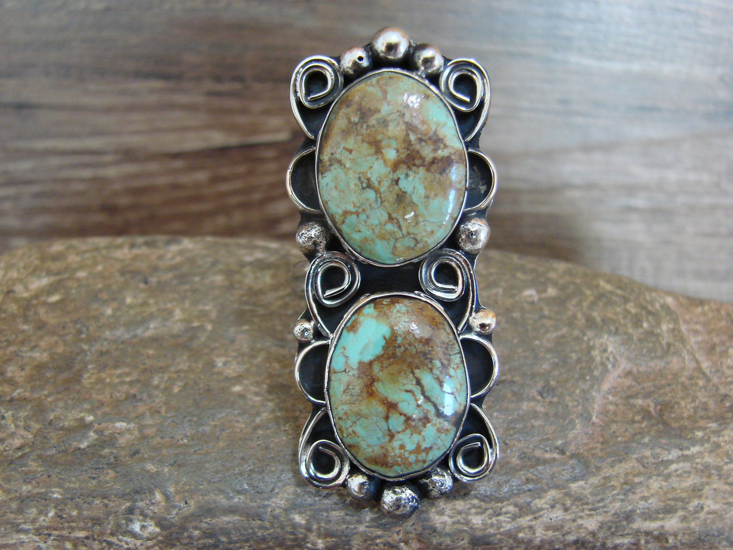 Native American Nickel Silver & Turquoise Adjustable Ring by Cleveland - Size 8 - 10