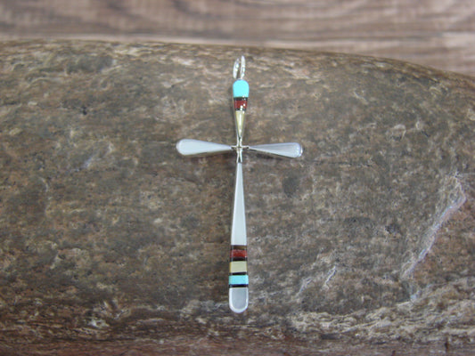 Native American Sterling Silver Multi Stone Inlay Cross Pendant by Noche