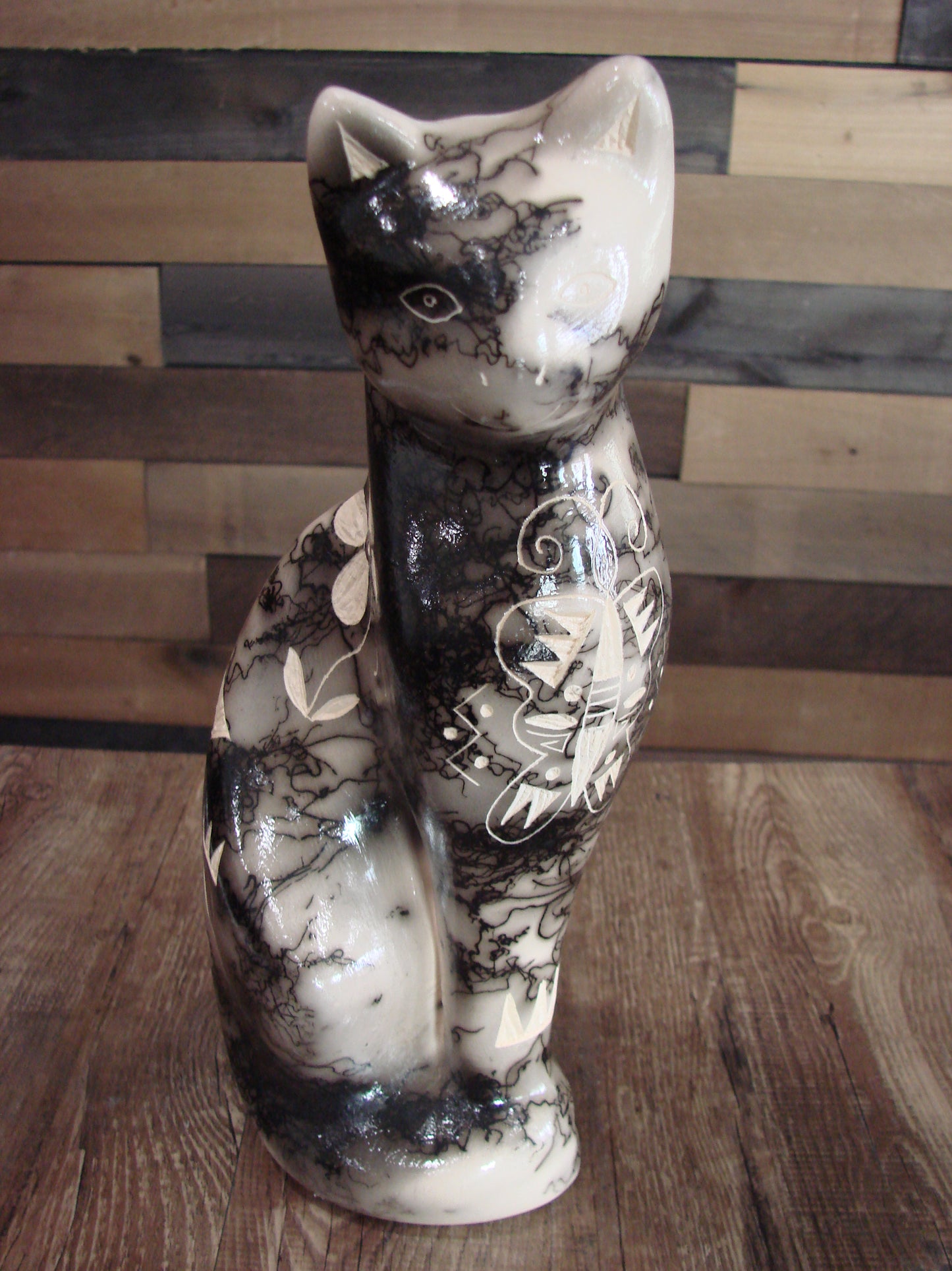 Native American Navajo Pottery Horse Hair Cat Sculpture by Vail