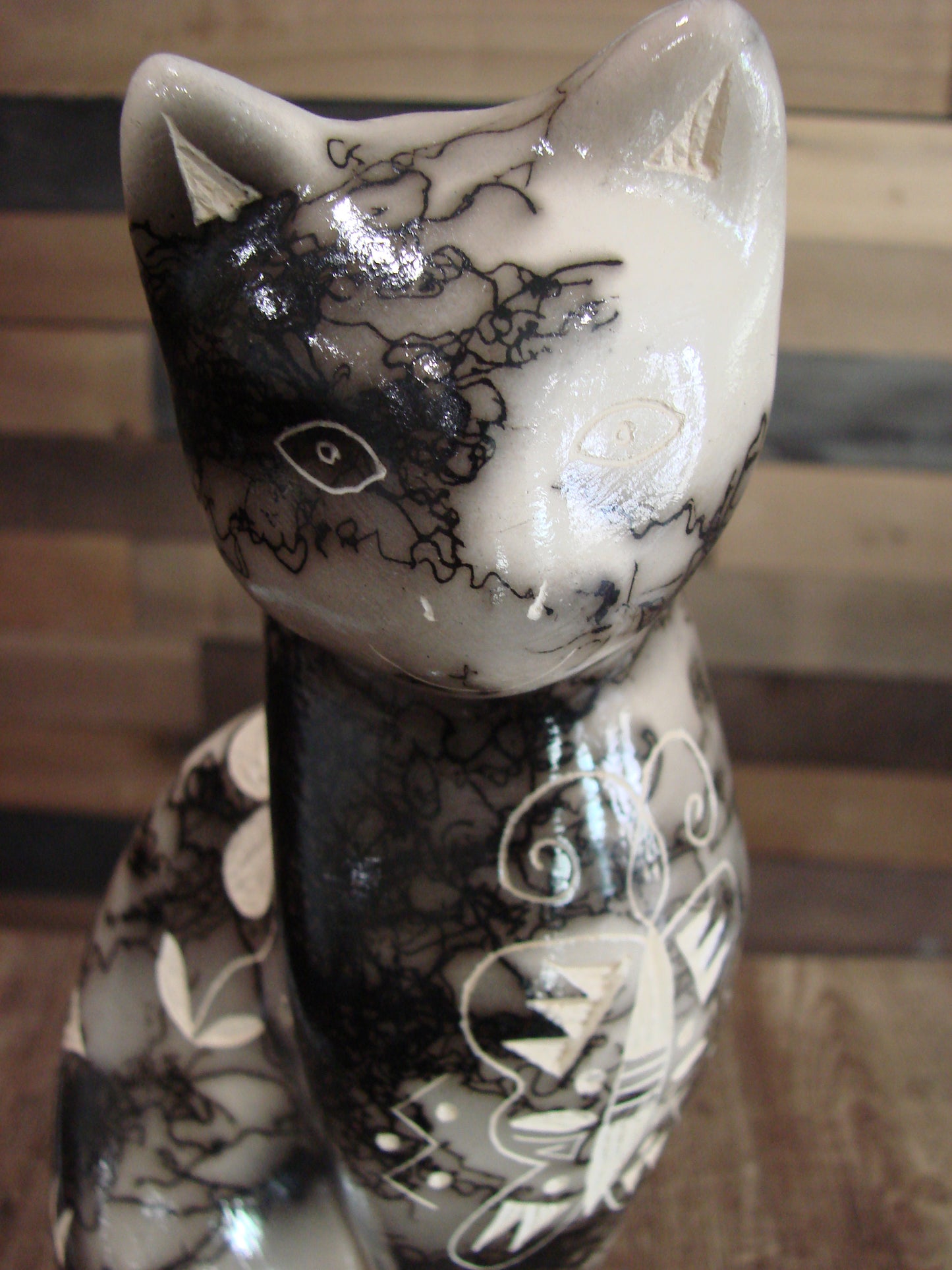 Native American Navajo Pottery Horse Hair Cat Sculpture by Vail