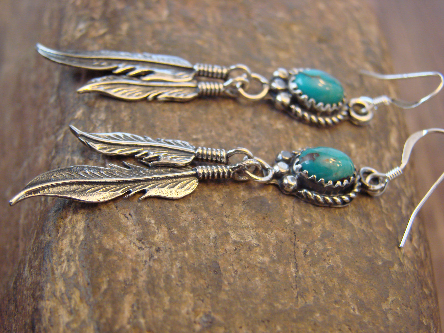 Native American Sterling Silver & Turquoise Feather Dangle Earrings by Largo