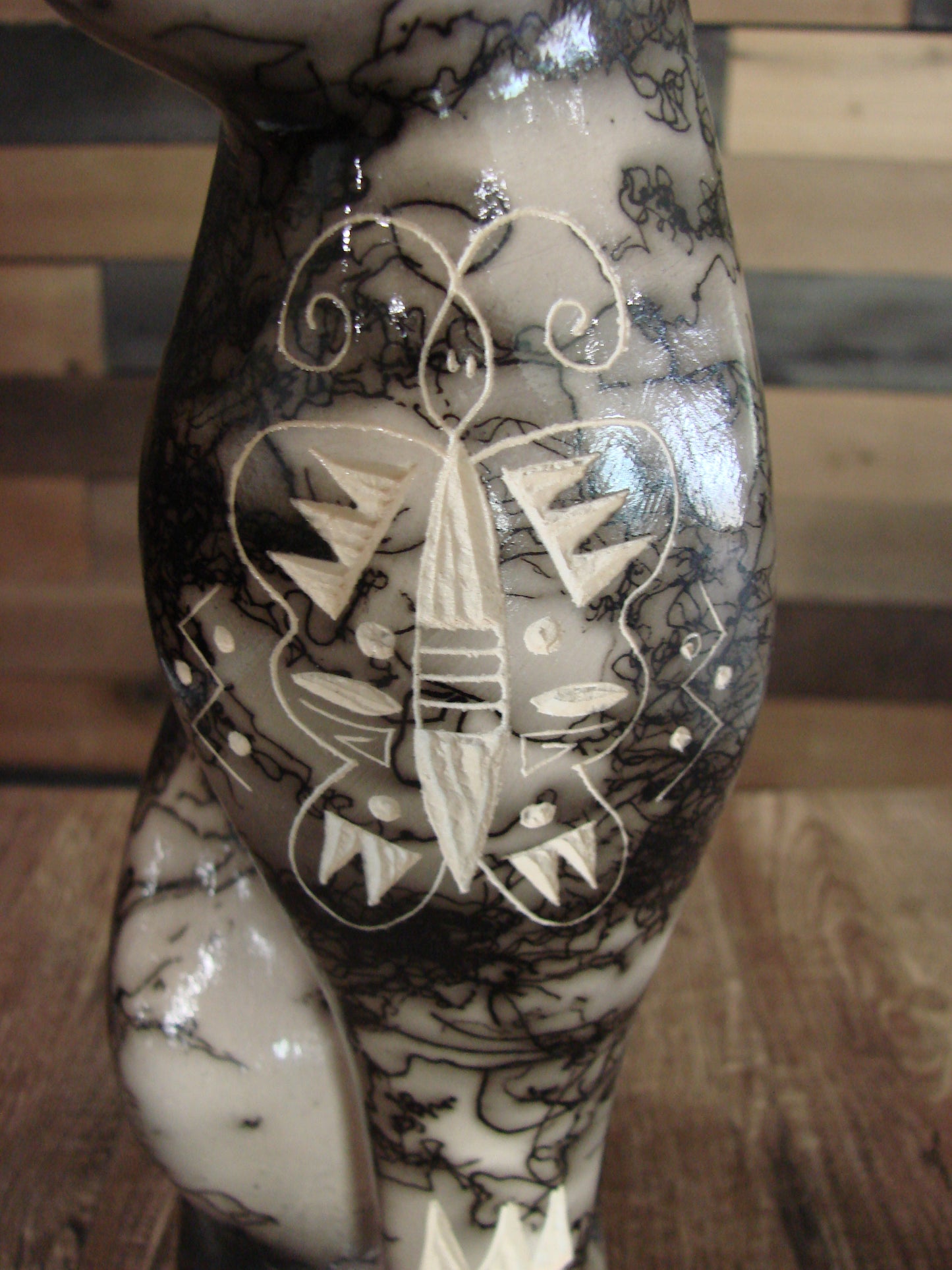 Native American Navajo Pottery Horse Hair Cat Sculpture by Vail