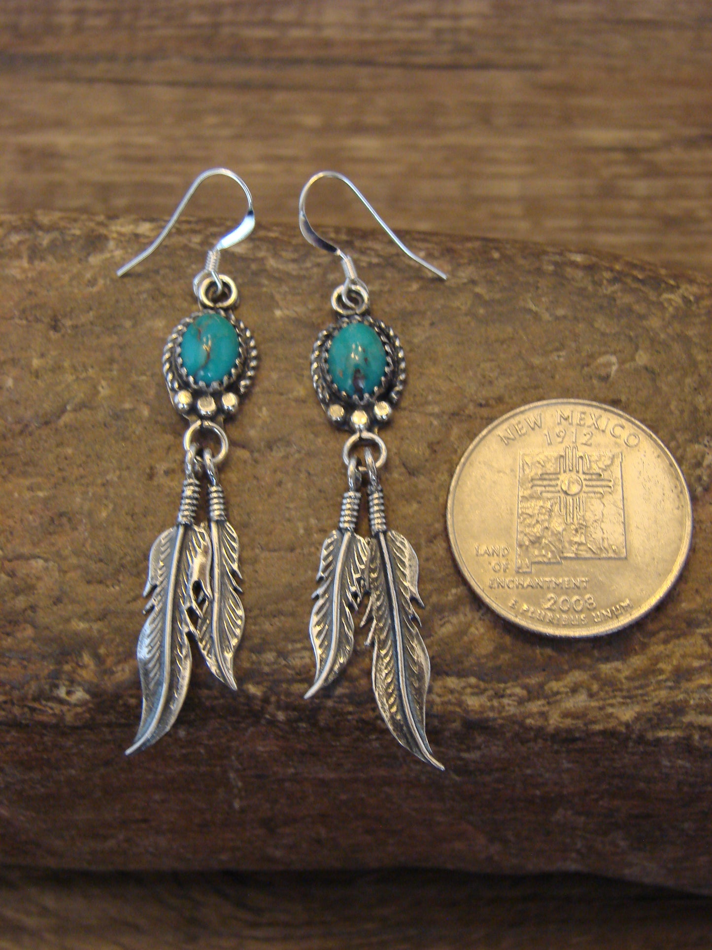 Native American Sterling Silver & Turquoise Feather Dangle Earrings by Largo