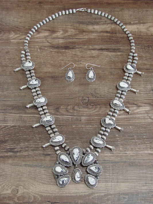 Native American Sterling Silver & White Buffalo Turquoise Squash Blossom Set by Francisco