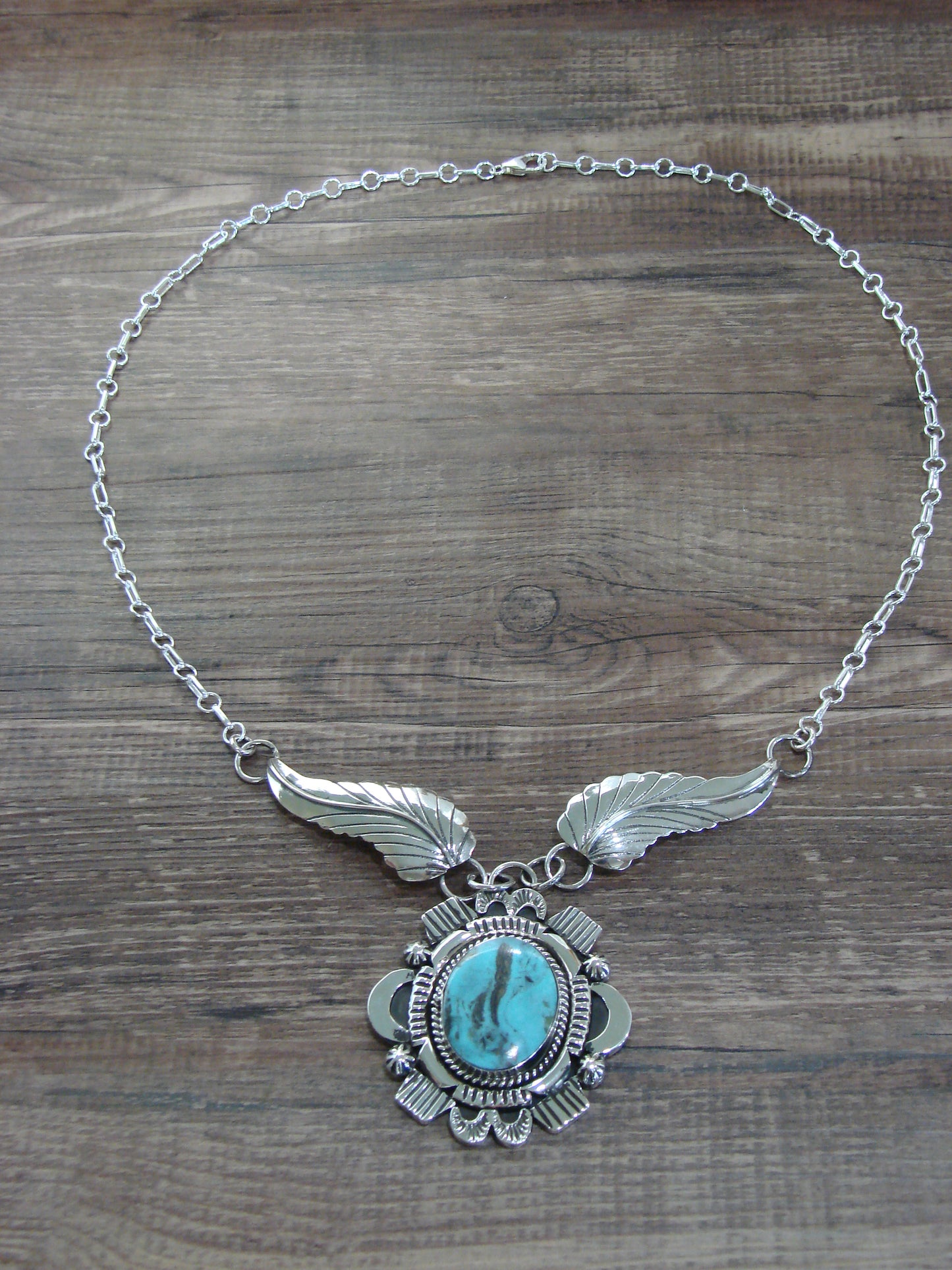 Native American 25" Sterling Silver & Turquoise Link Necklace by Belin