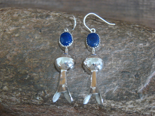 Native American Sterling Silver Lapis Squash Blossom Dangle Earrings - Tsosie