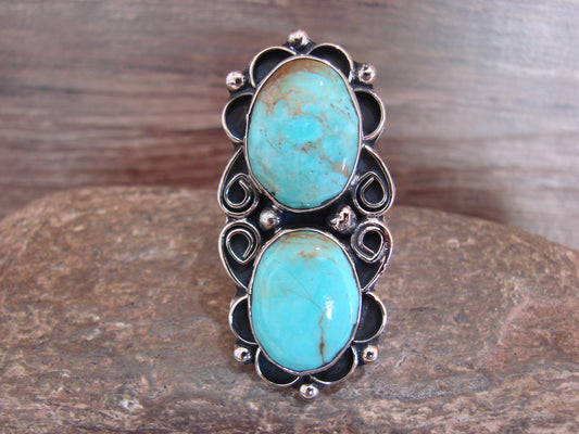 Native American Nickel Silver & Turquoise Adjustable Ring by Cleveland - Size 8 - 10