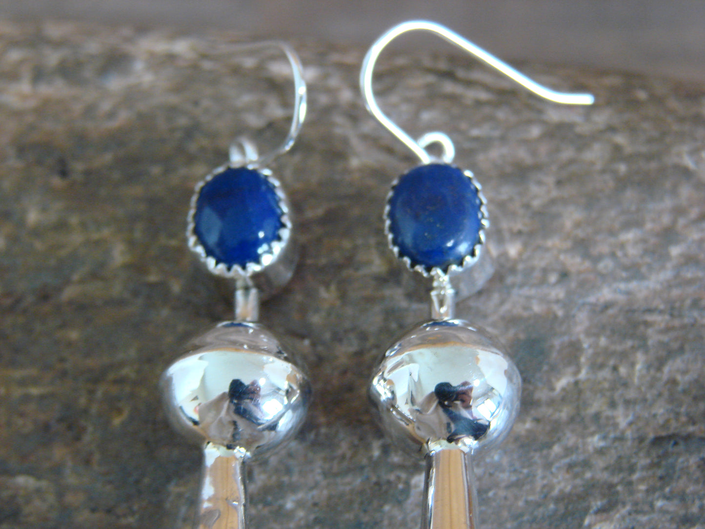 Native American Sterling Silver Lapis Squash Blossom Dangle Earrings - Tsosie