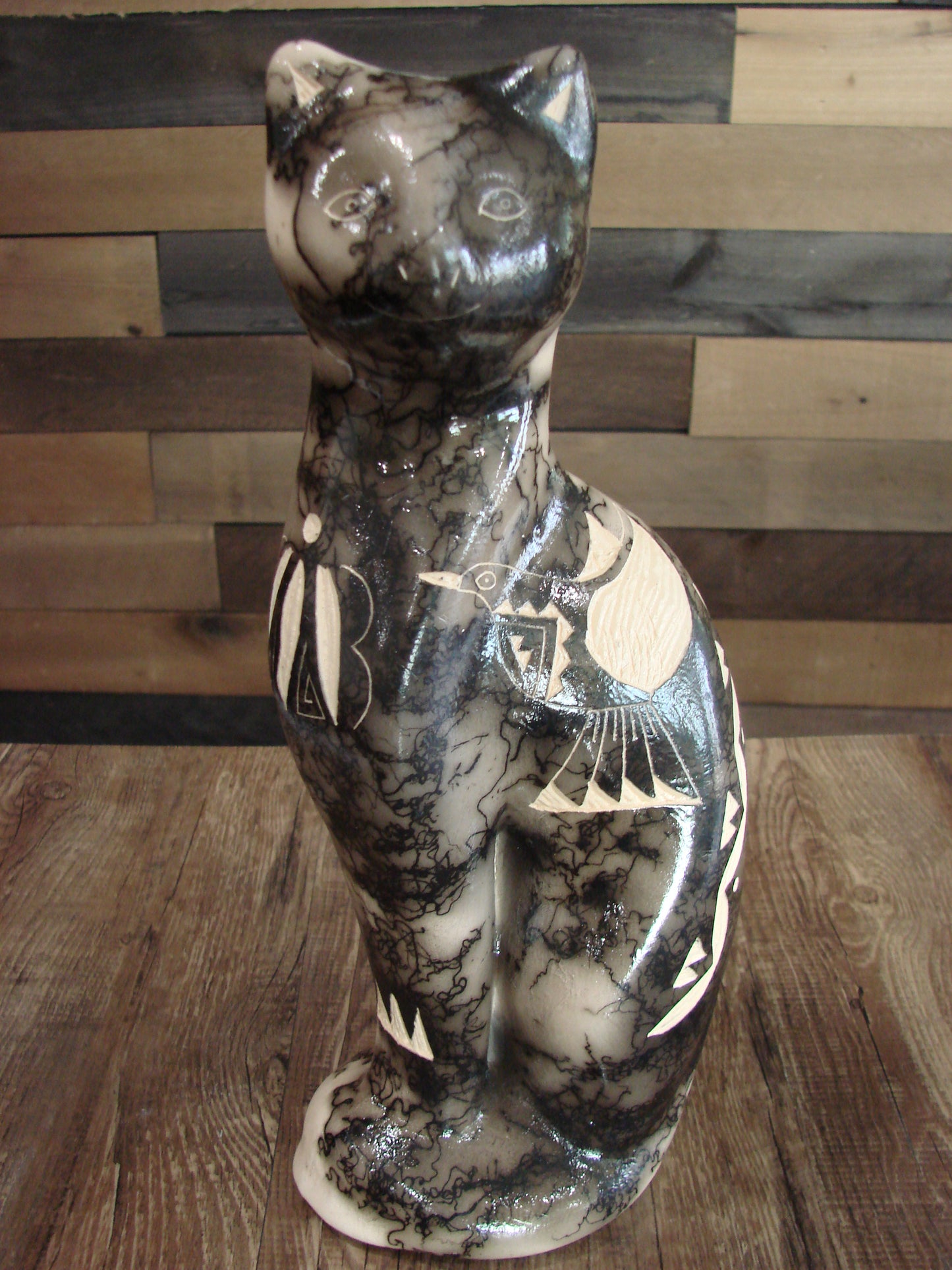 Native American Navajo Pottery Horse Hair Cat Sculpture by Vail
