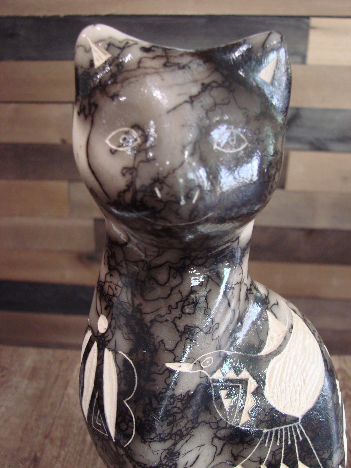 Native American Navajo Pottery Horse Hair Cat Sculpture by Vail