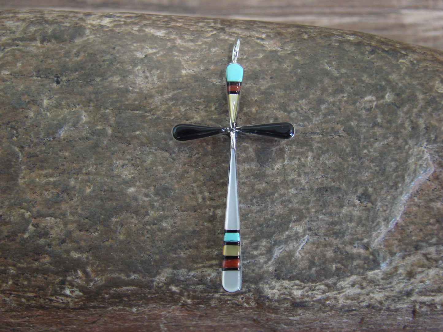 Native American Sterling Silver Multi Stone Inlay Cross Pendant by Noche