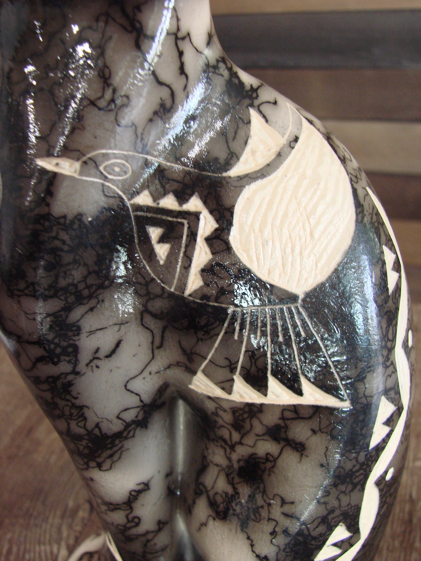 Native American Navajo Pottery Horse Hair Cat Sculpture by Vail