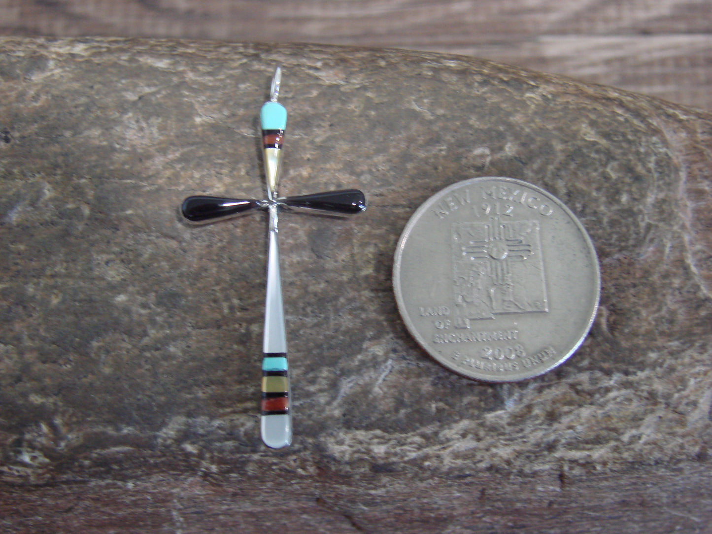 Native American Sterling Silver Multi Stone Inlay Cross Pendant by Noche