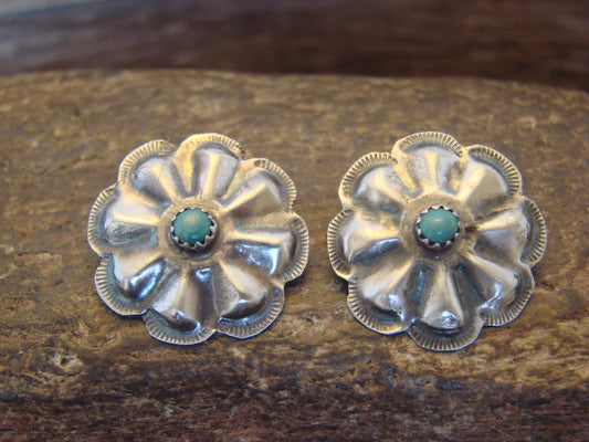 Native American Sterling Silver & Turquoise Concho Post Earrings - Begay