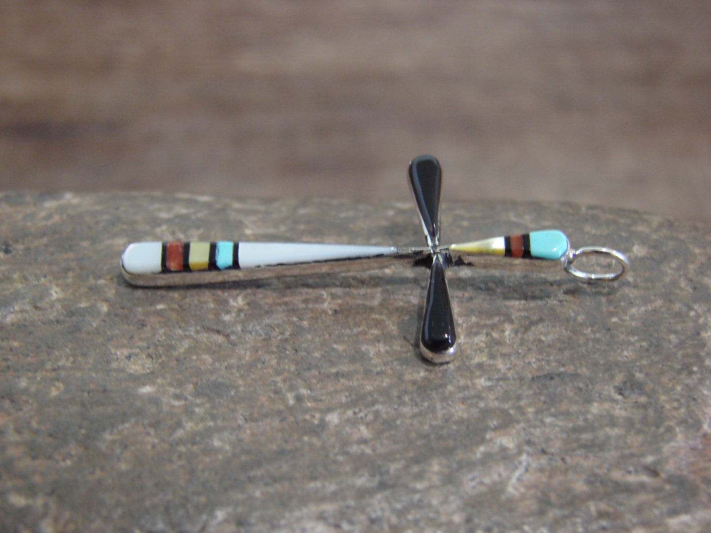 Native American Sterling Silver Multi Stone Inlay Cross Pendant by Noche