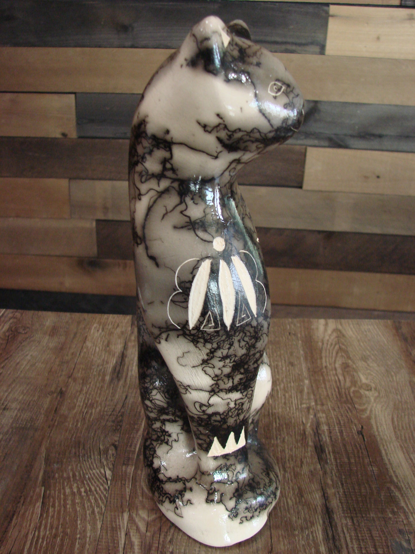 Native American Navajo Pottery Horse Hair Cat Sculpture by Vail