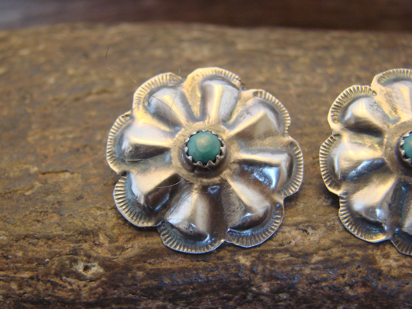 Native American Sterling Silver & Turquoise Concho Post Earrings - Begay
