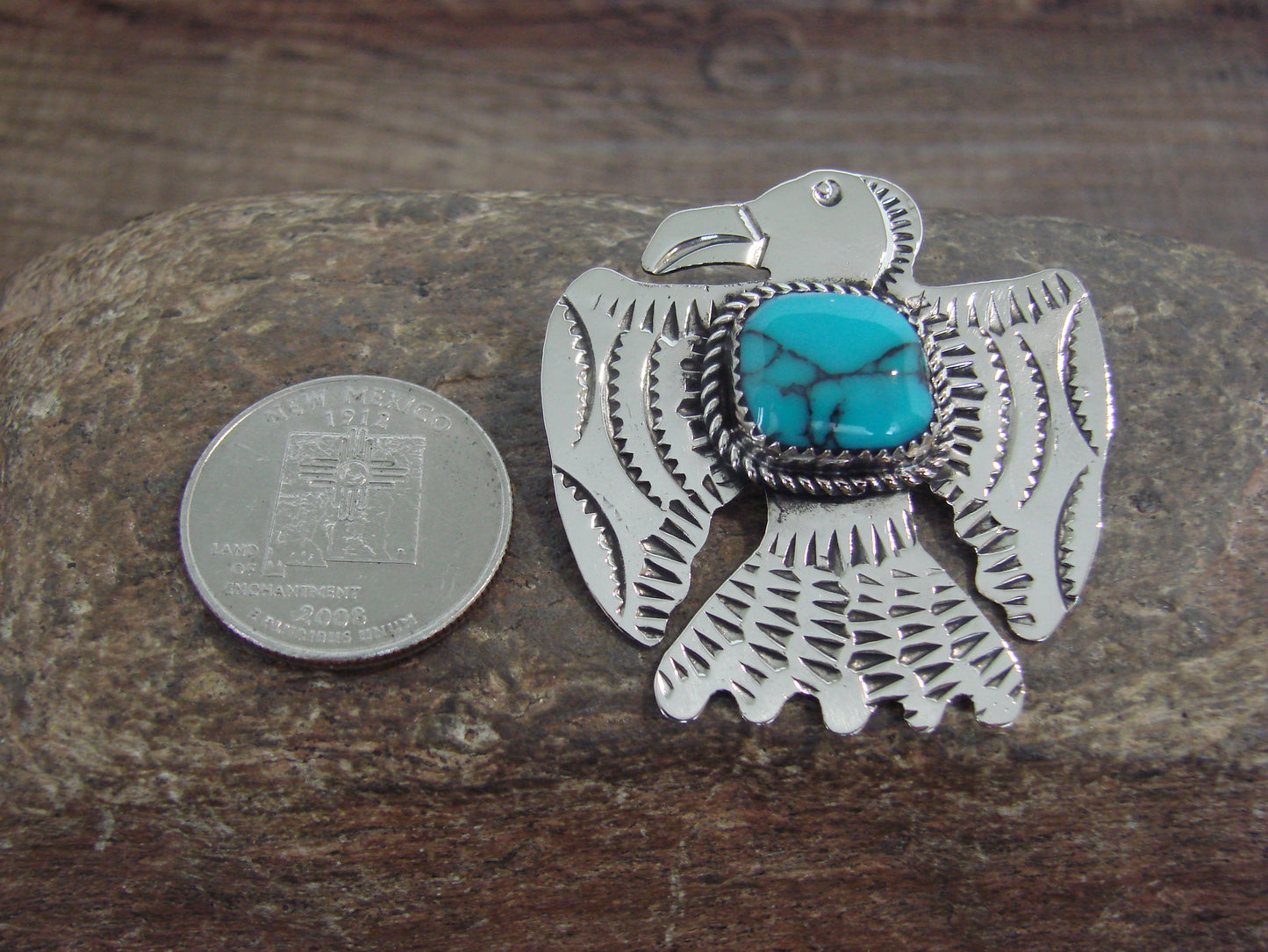 Native American Nickel Silver & Turquoise Thunderbird Pendant - Cleveland