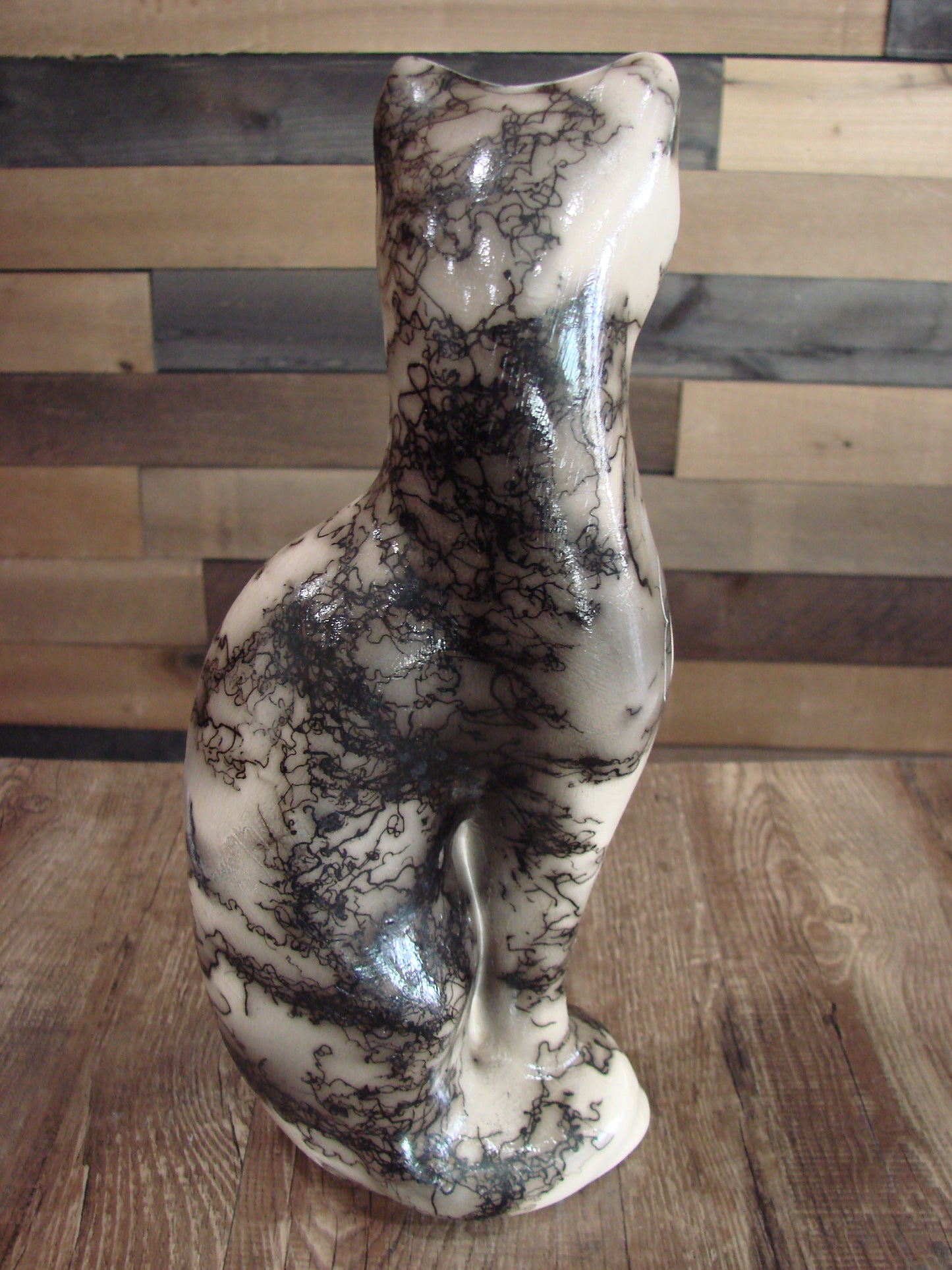 Native American Navajo Pottery Horse Hair Cat Sculpture by Vail