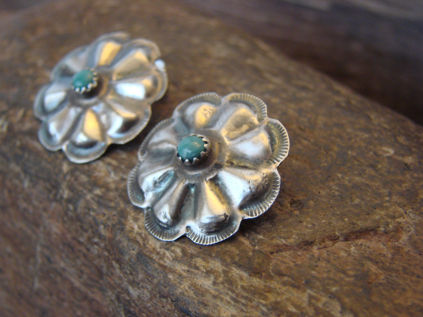 Native American Sterling Silver & Turquoise Concho Post Earrings - Begay