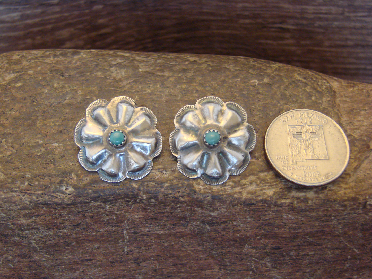 Native American Sterling Silver & Turquoise Concho Post Earrings - Begay