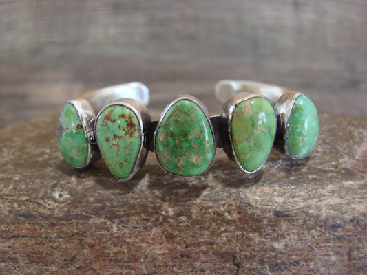 Native American Sterling Silver & Sonoran Turquoise Row Bracelet Signed Lewis