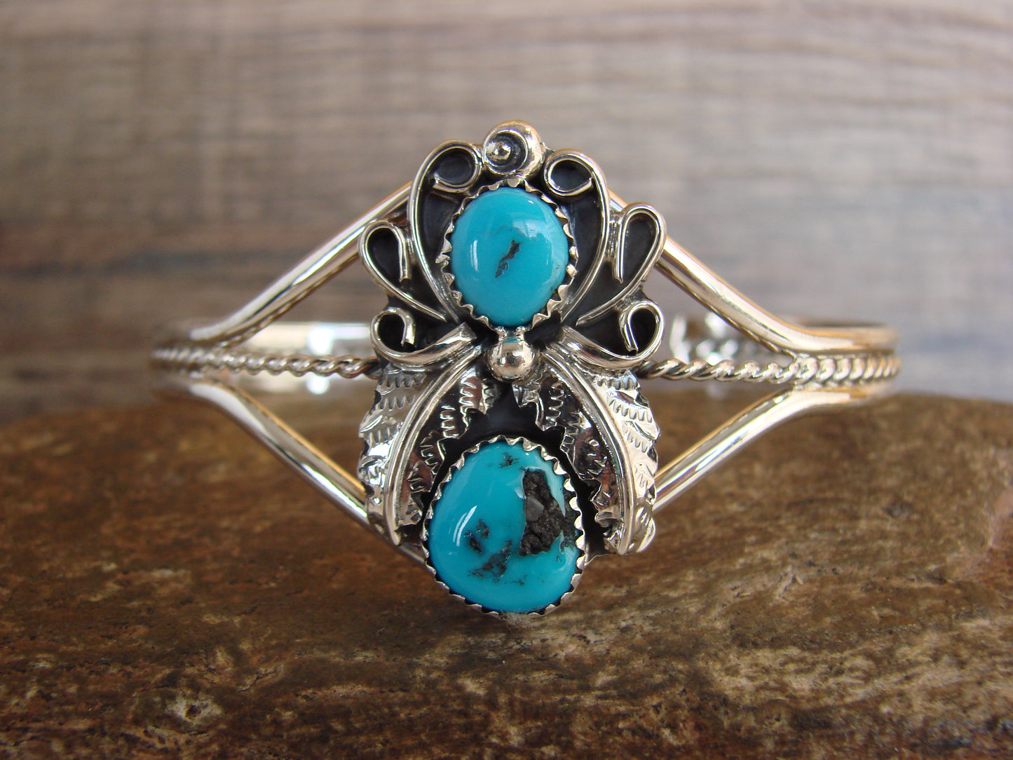 Native American Sterling Silver & Turquoise Feather Bracelet Signed Yazzie