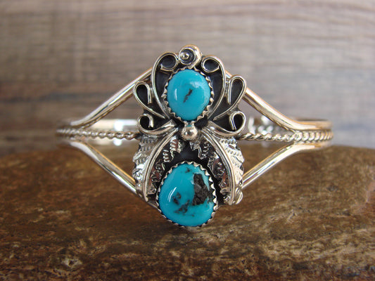 Native American Sterling Silver & Turquoise Feather Bracelet Signed Yazzie