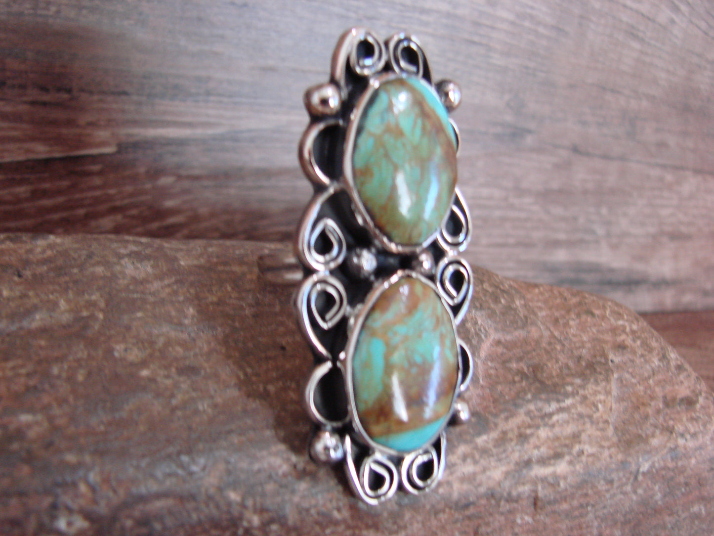 Native American Nickel Silver & Turquoise Adjustable Ring by Cleveland - Size 8 - 10