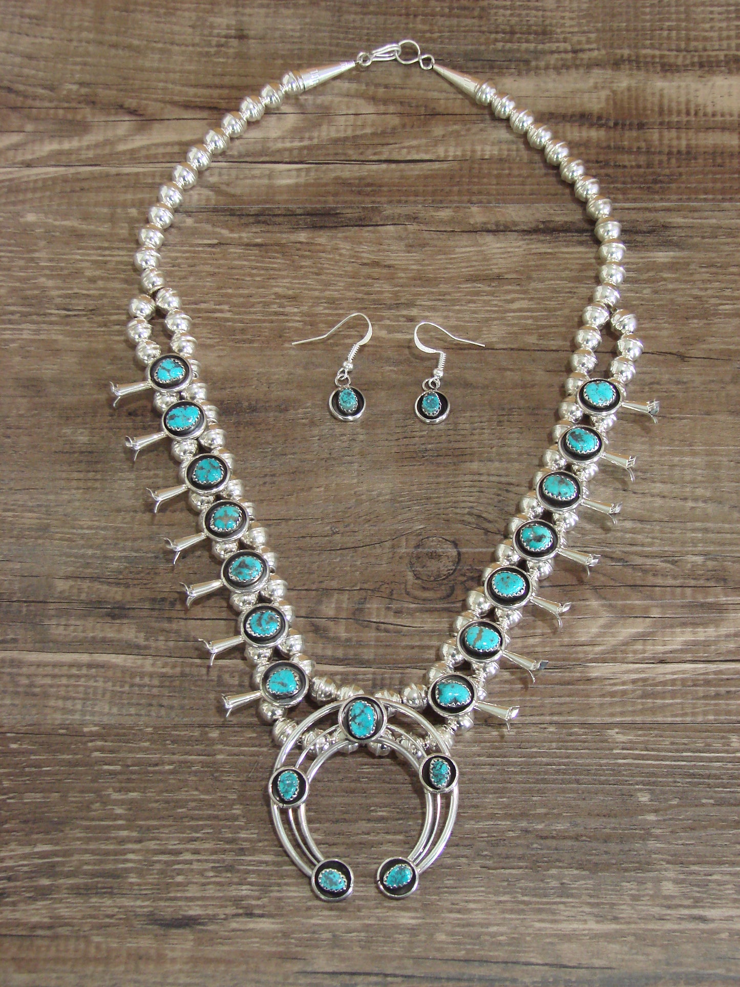 Native American Sterling Silver Turquoise Squash Blossom Set by Garcia