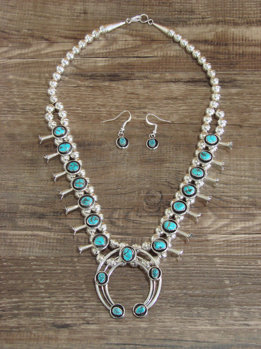 Native American Sterling Silver Turquoise Squash Blossom Set by Garcia