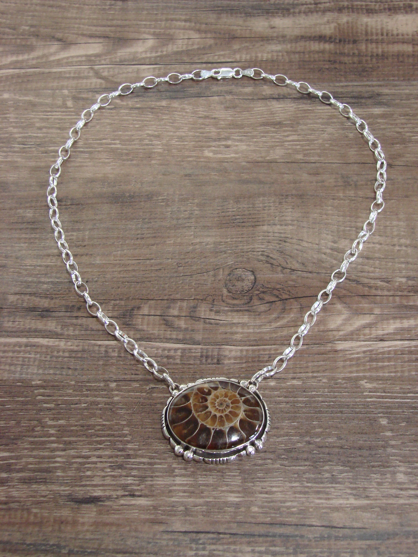 Native American 19" Sterling Silver & Moroccan Ammonite Link Necklace by Begay