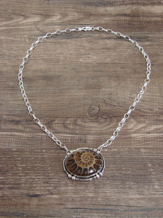 Native American 19" Sterling Silver & Moroccan Ammonite Link Necklace by Begay