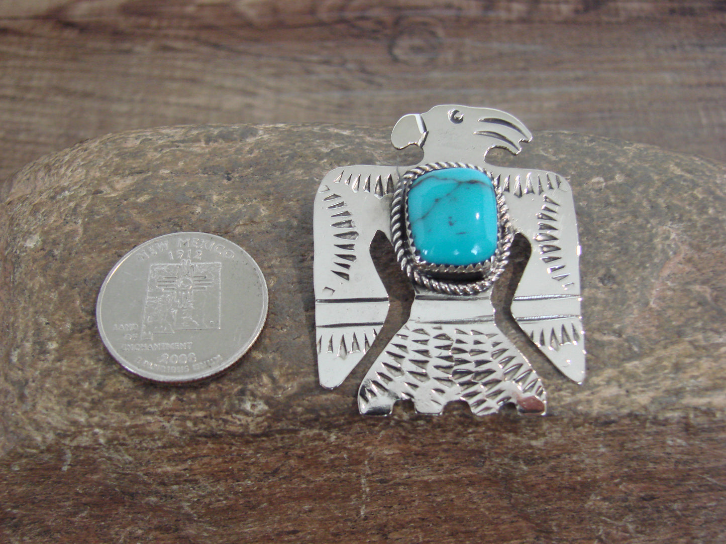 Native American Nickel Silver & Turquoise Parrot Pendant - Cleveland