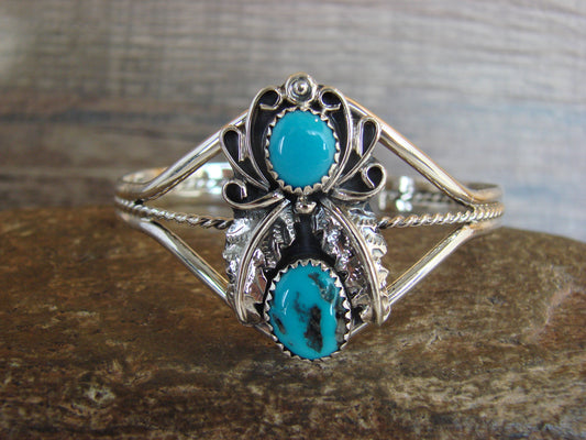 Native American Sterling Silver & Turquoise Feather Bracelet Signed Yazzie